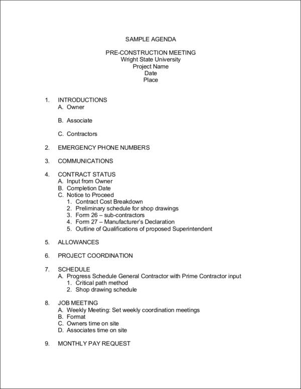 pre construction meeting agenda sample