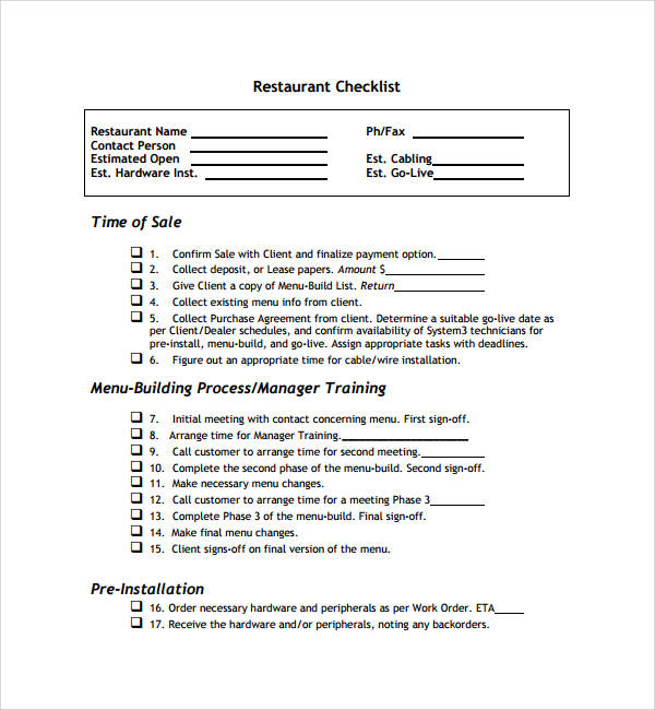FREE 18+ Restaurant Checklist Samples & Templates in PDF MS Word