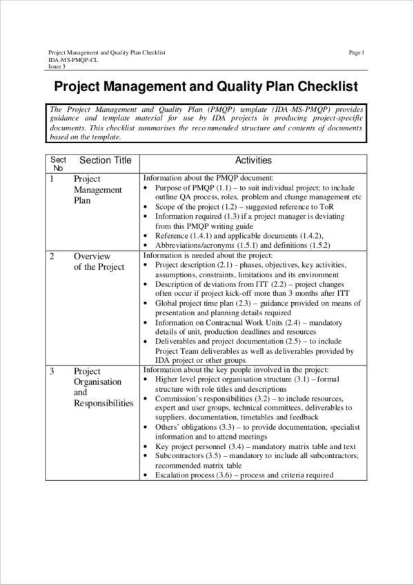 project management and quality plan checklist sample