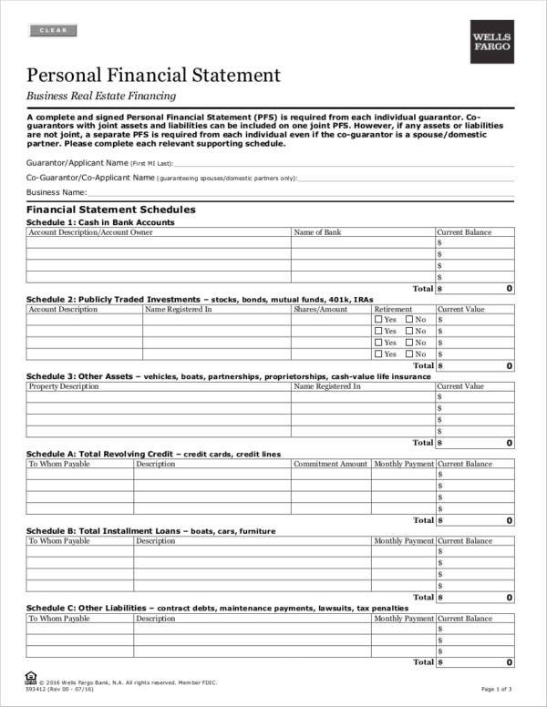 real estate personal financial statement