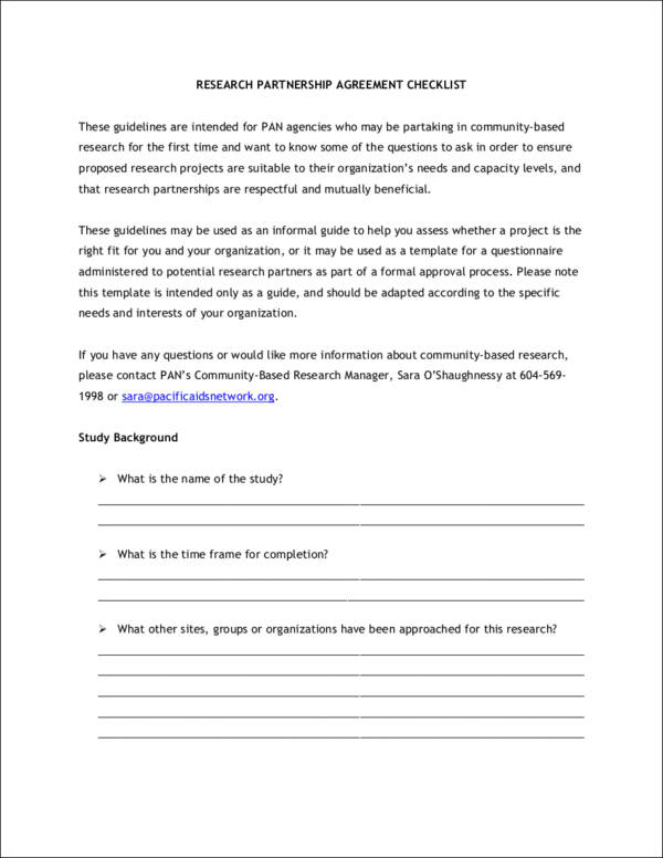 research partnership agreement checklist sample