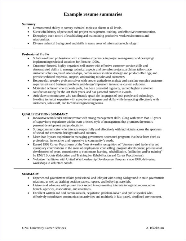 resume summary samples