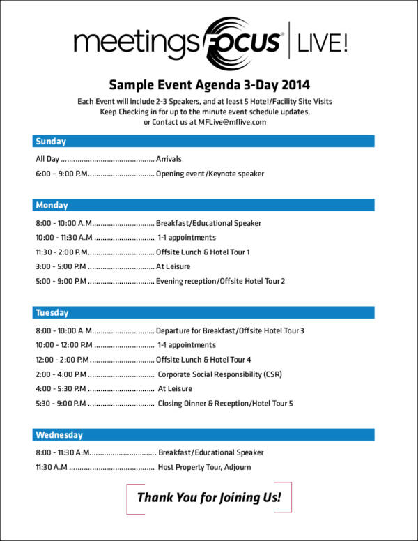 sample 3 day live event agenda