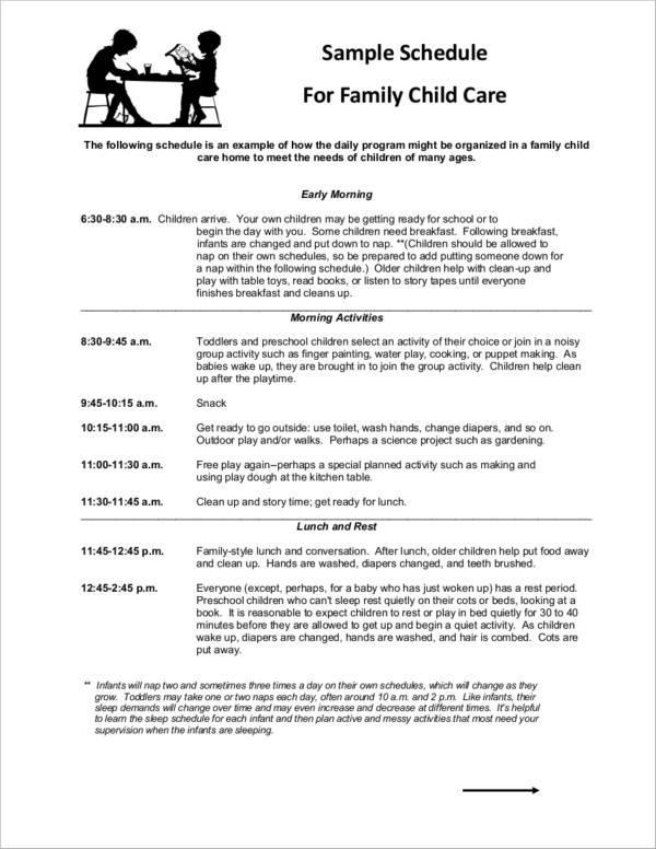 sample activity schedule for family and child care
