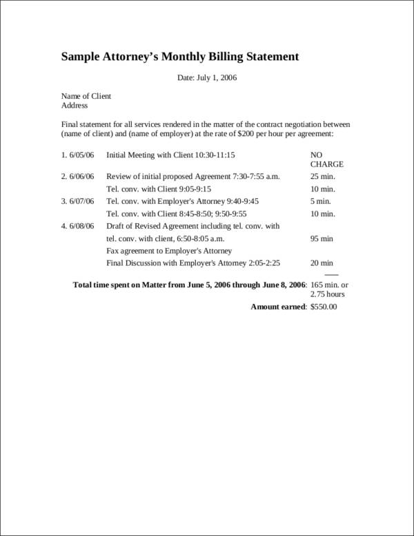 sample attorney’s monthly billing statement