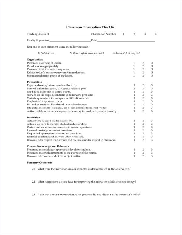 sample classroom observation checklist