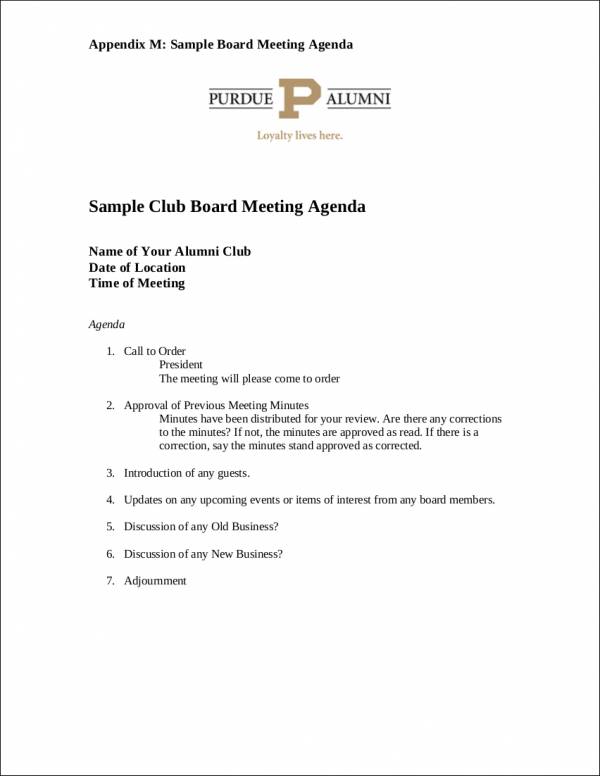 sample club board meeting agenda