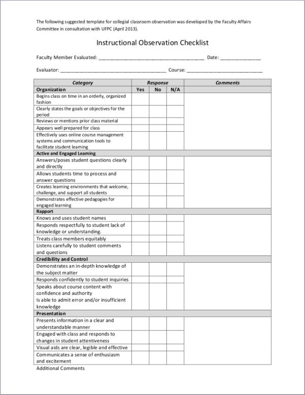 Sample Of Observation Checklist