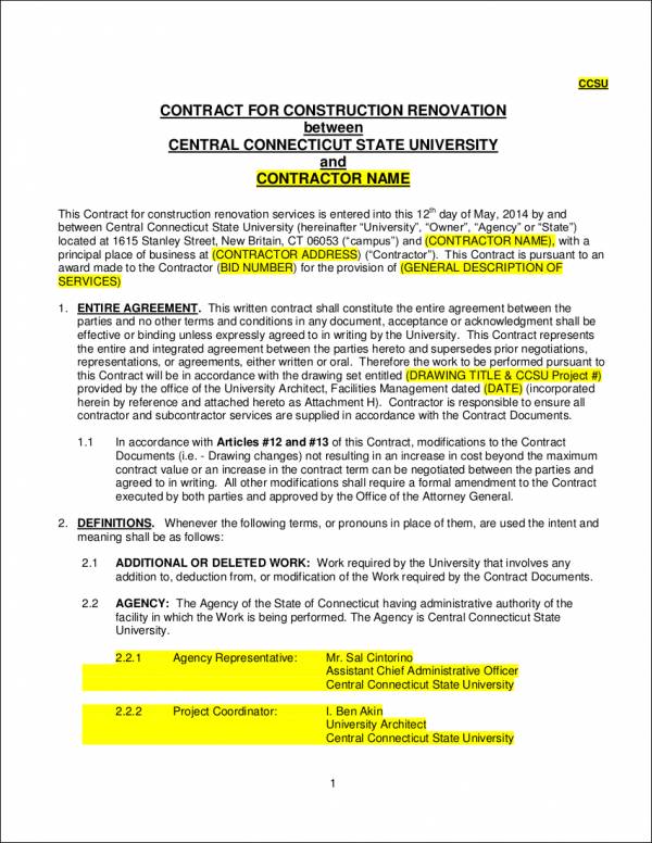 sample contract for construction renovation