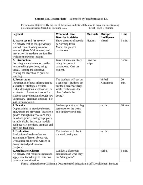 sample esl lesson plans