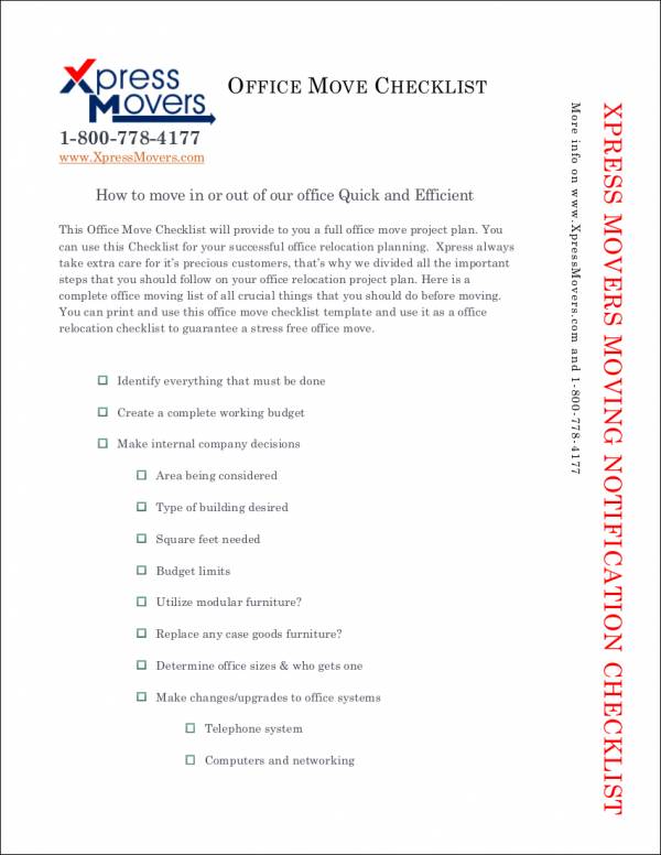 sample moving checklist for office