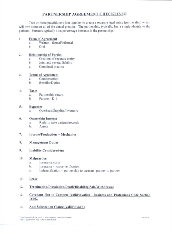 sample partnership agreement checklist format