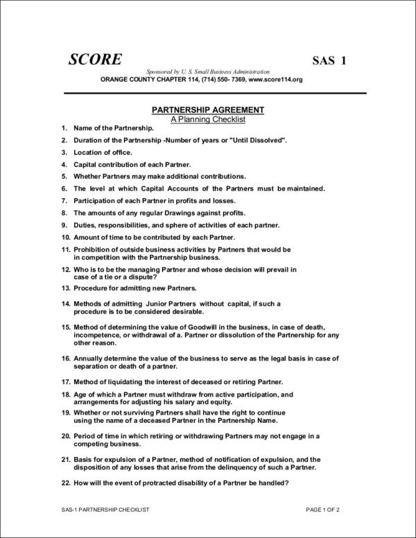 sample partnership agreement planning checklist