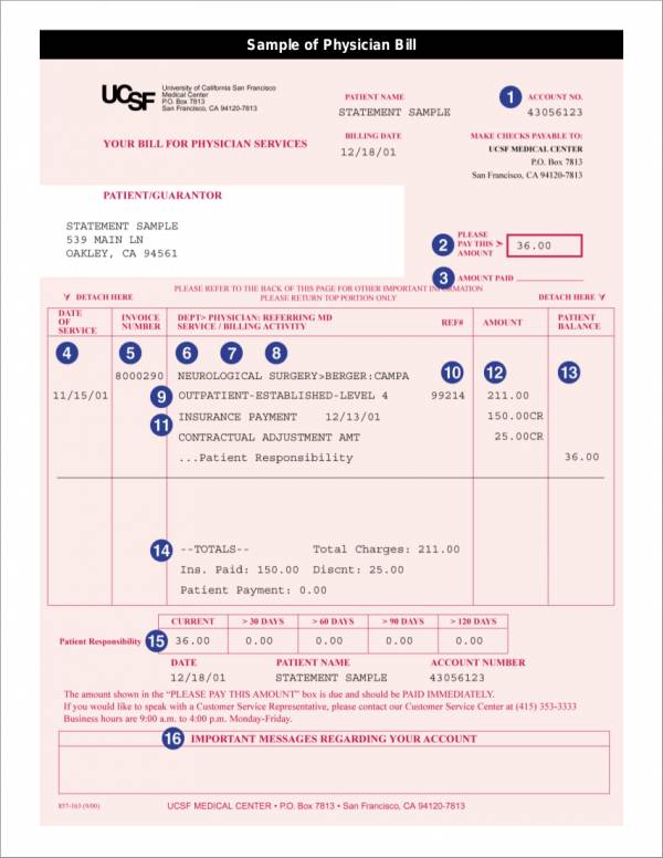 sample physician service billing statement