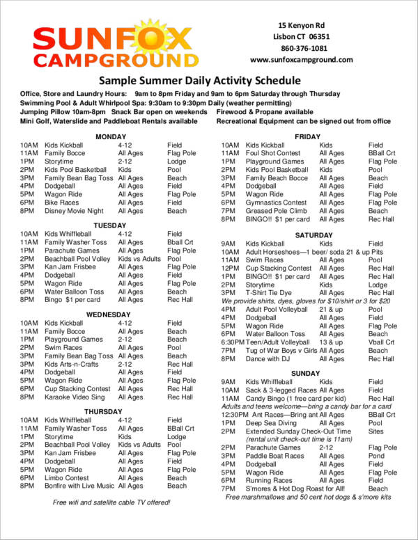 sample summer daily activity schedule