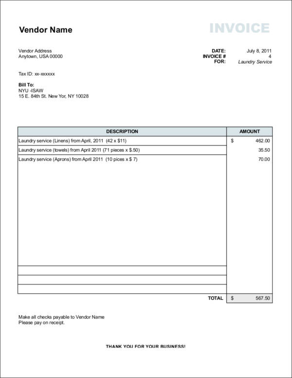 sample vendor invoice for laundry services