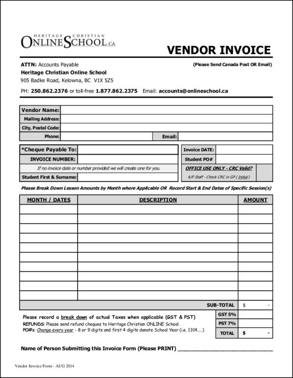 invoice supplier form 9 Samples  Invoice PDF & Vendor Templates  FREE