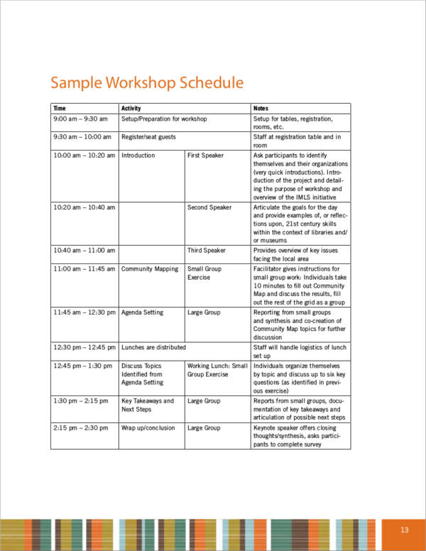 sample workshop activity schedule