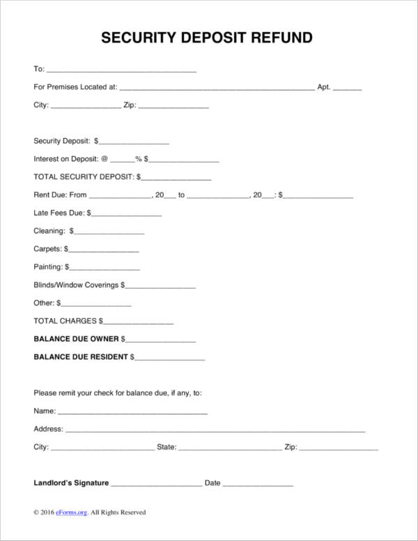 security deposit refund receipt template