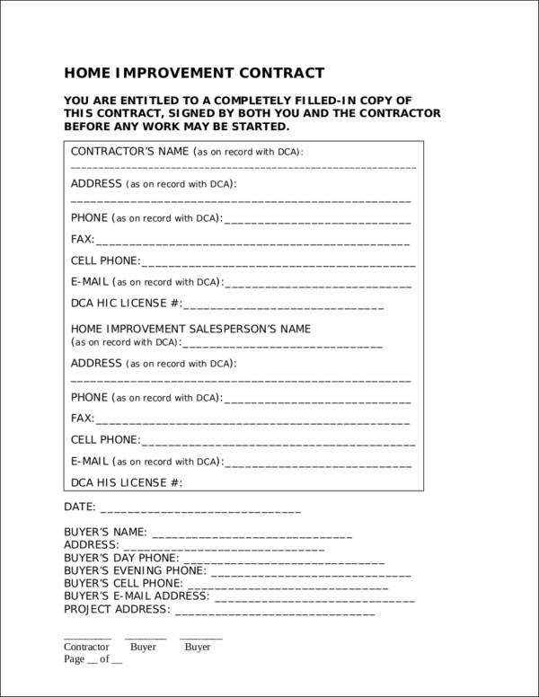 simple home improvement contract template