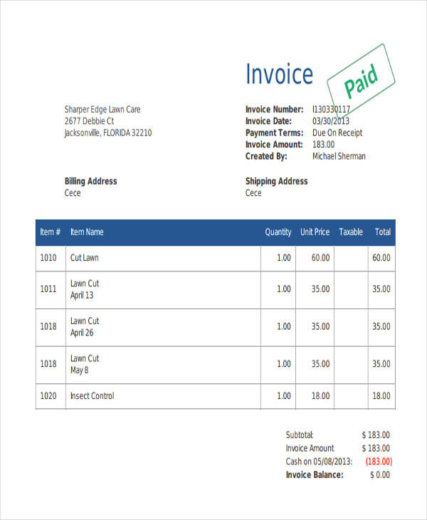 FREE 9 Lawn Care Invoice Samples Templates In PDF Excel MS Word