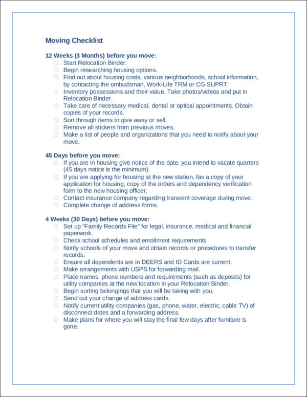 FREE 12+ Moving Checklist Samples and Templates in PDF | MS Word ...