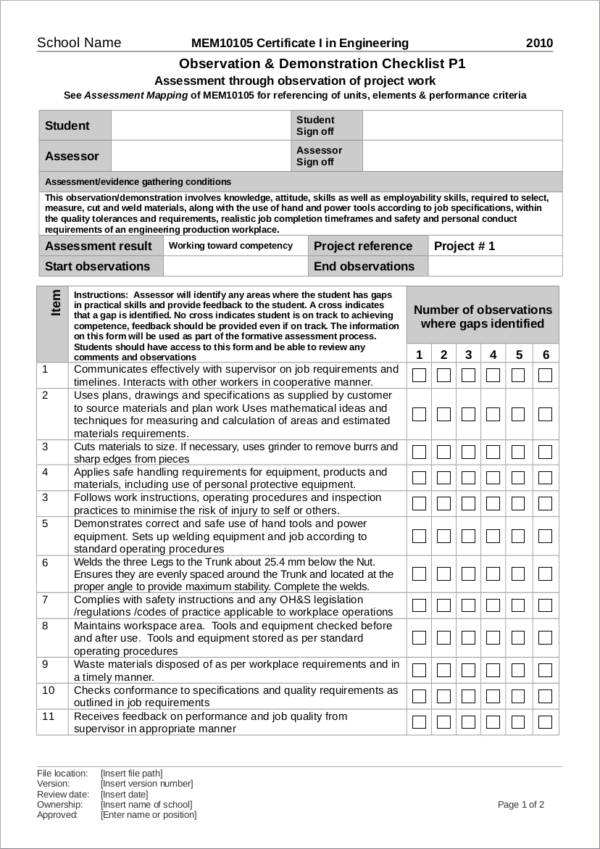 student observation demonstration checklist sample