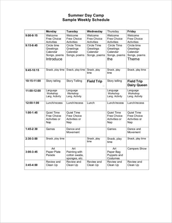 summer day camp sample activity schedule1