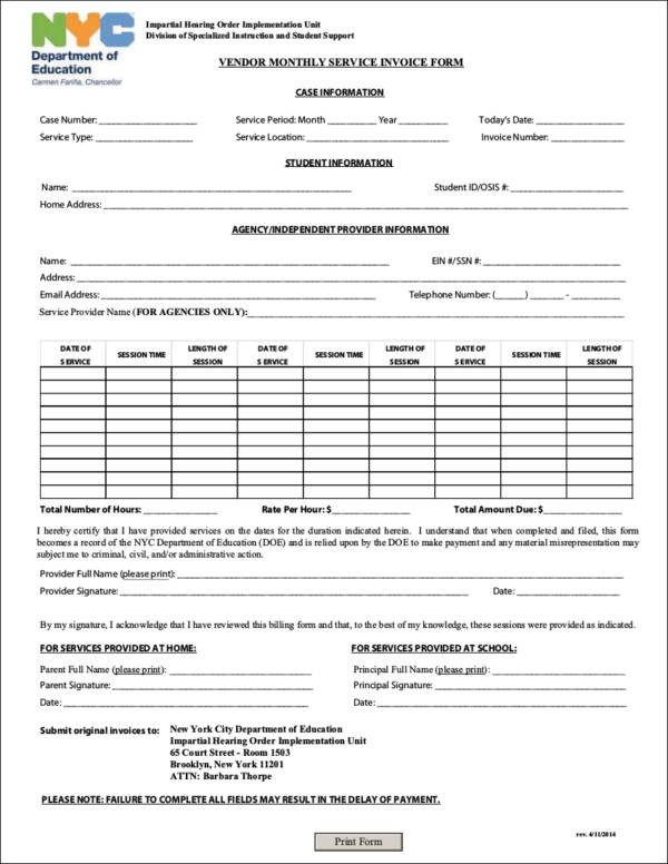 vendor monthly service invoice form