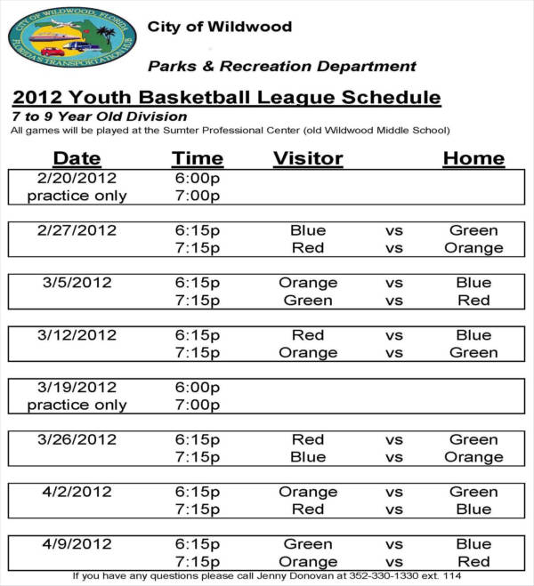 youth basketball game schedule sample