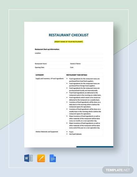 FREE Sample Restaurant Checklist Templates In Excel PDF MS Word Google Docs Pages