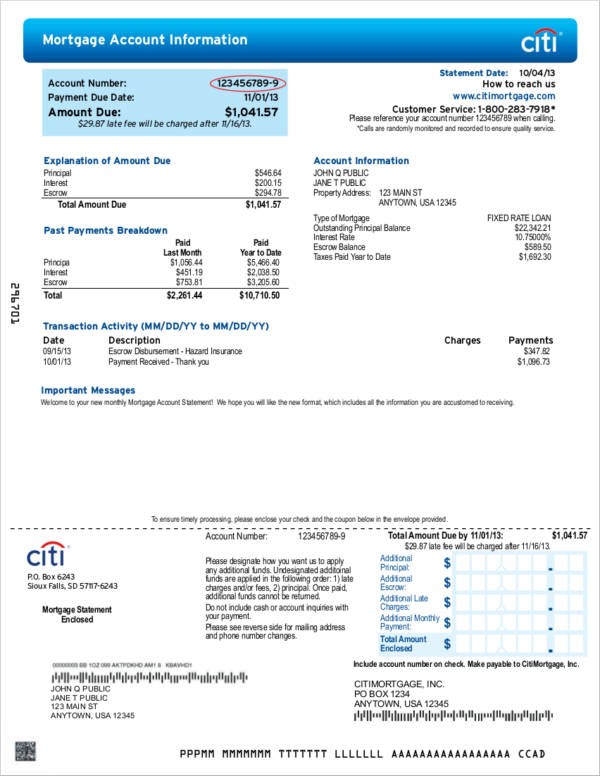 mortgage loan statement template