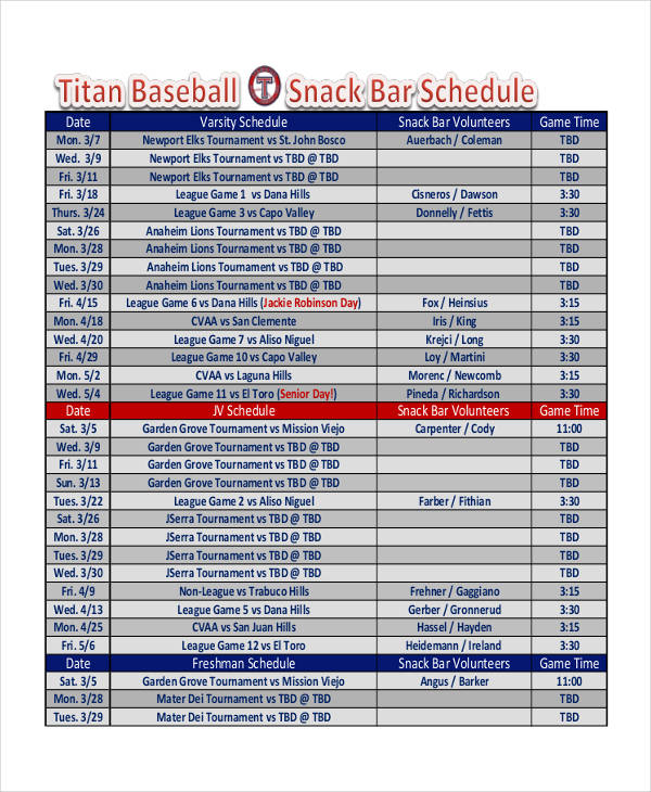 Baseball Snack Schedule Template