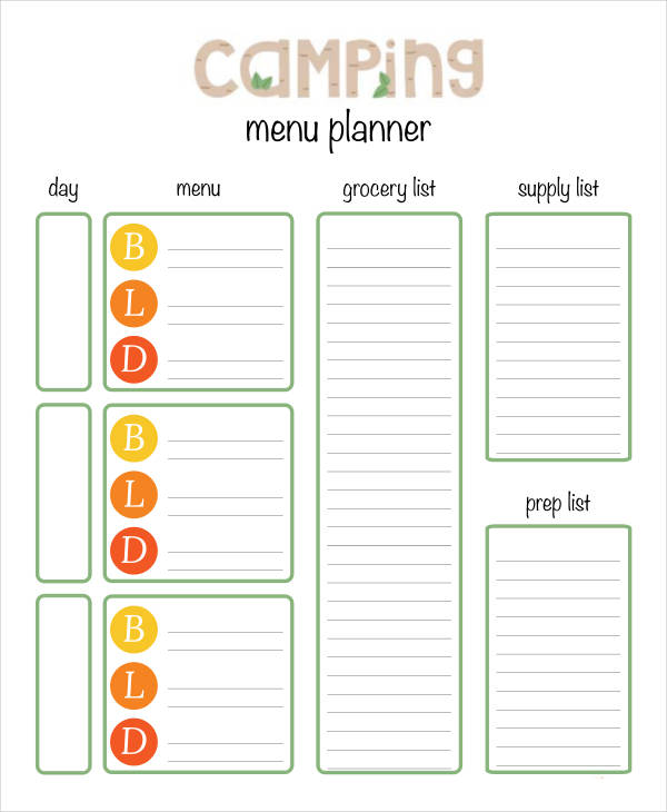 camping menu and dinner planner template