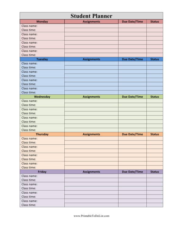 color coded student planner sample