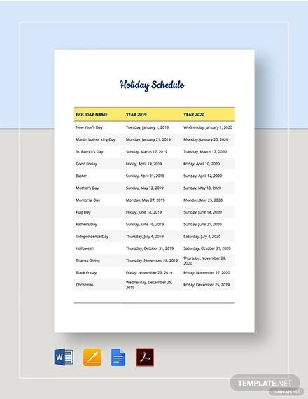 FREE 14 Holiday Schedule Samples And Templates In PDF Excel