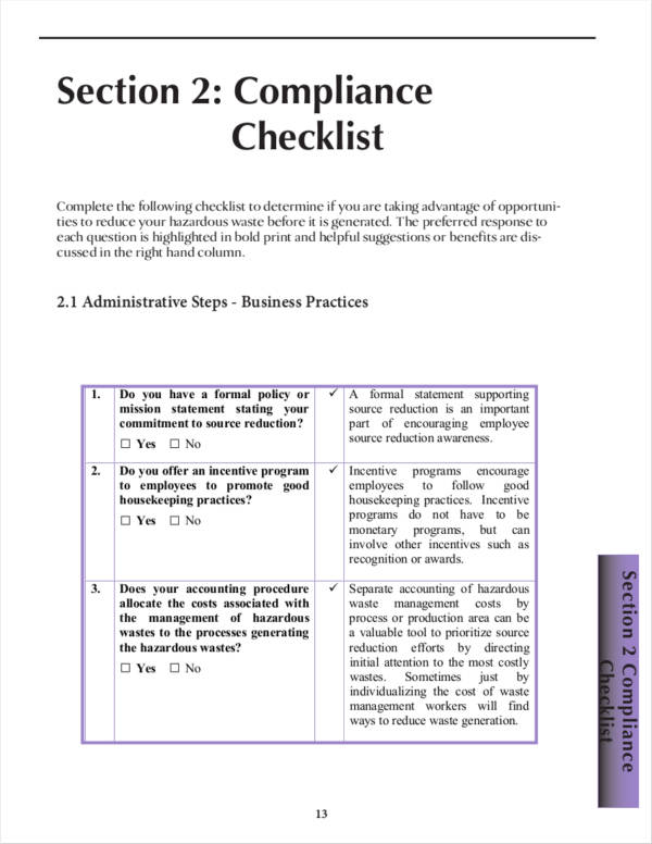 compliance checklist sample for waste reduction