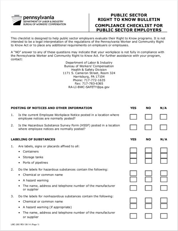 complince checklist sample for public sector employers
