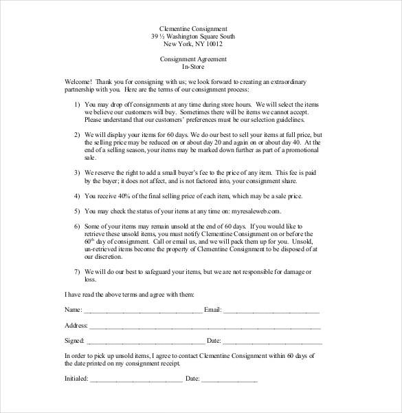 consignment agreement contract in store template