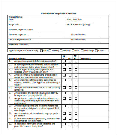 construction inspection checklist sample