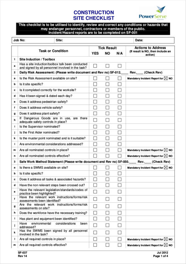costruction site checklist sample