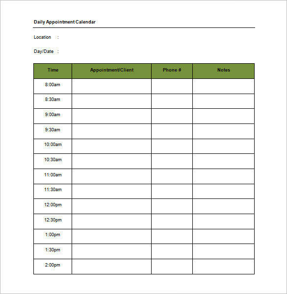 daily appointment calendar schedule template