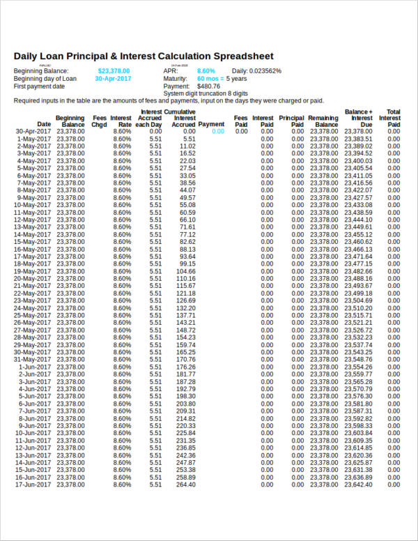 daily loan principal interest calculation spreadsheet sample