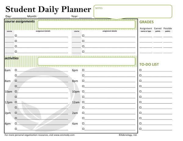 daily student planner sample