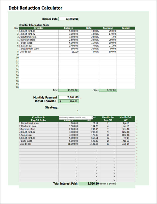 debt reduction spreadsheet calculator in excel