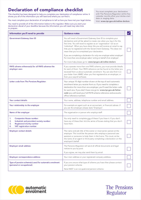 declaration of compliance checklist