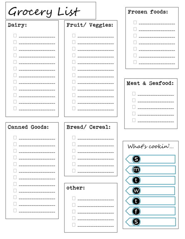 dinner planner template with grocery list