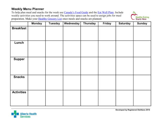 dinner and meal planner template for healthy eating