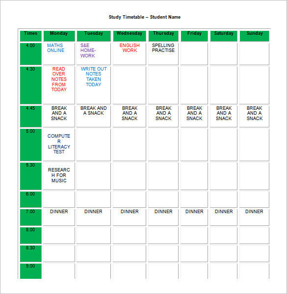 editable homework planner and study schedule template