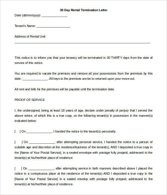 editable sample 30 day rental termination letter template